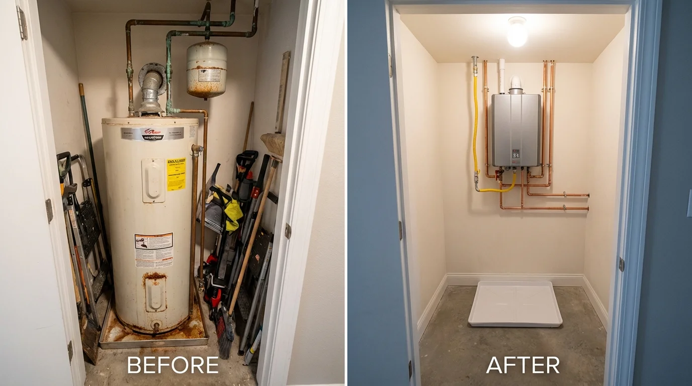 Tank water heater versus wall-mounted tankless unit comparison for Crestline, CA homeowners