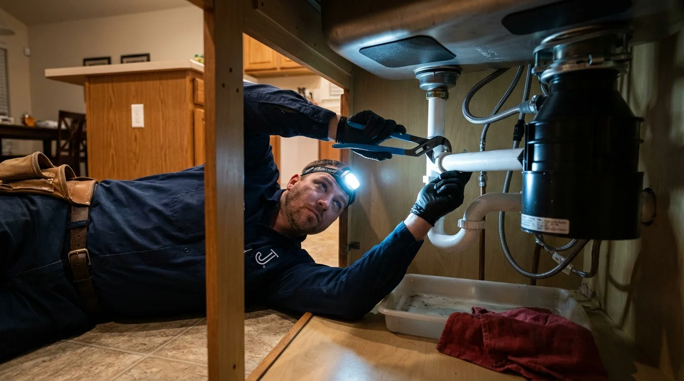 P-trap and supply line connections under a kitchen sink showing a common leak point in Crestline, CA